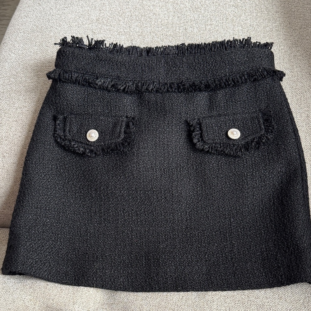 Katie J NYC Black Tweed Mini Skirt with Fringe Trim